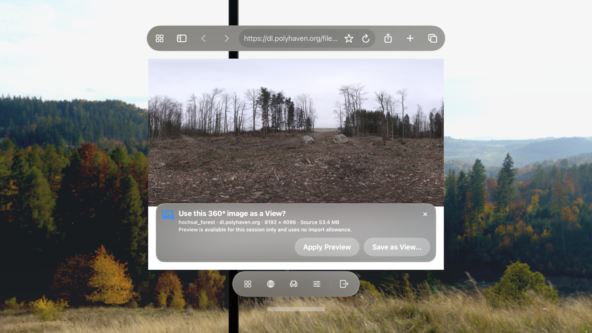 Locus Browser zeigt ein Panorama mit den Aktionen Anwenden-Vorschau und Speichern als Ansicht