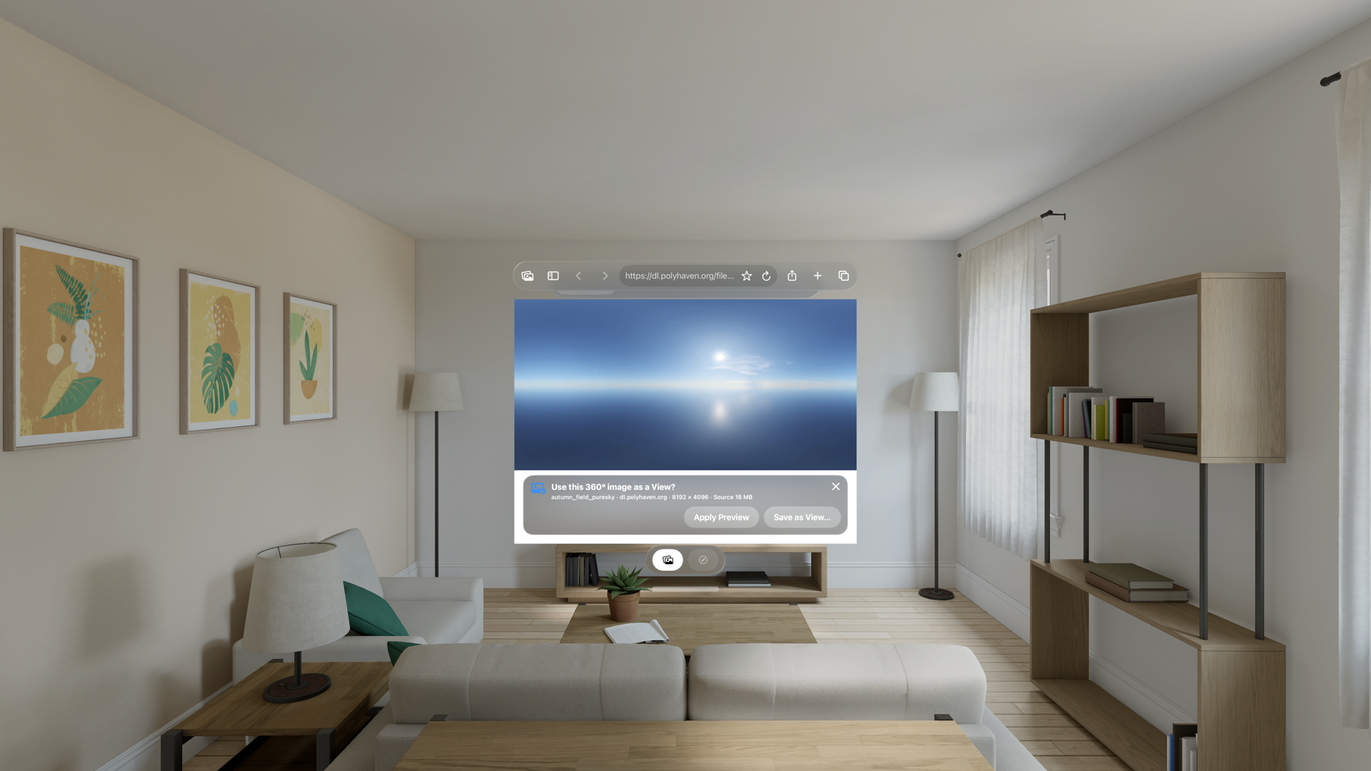 Locus Browser showing a panorama with Apply Preview and Save as View actions