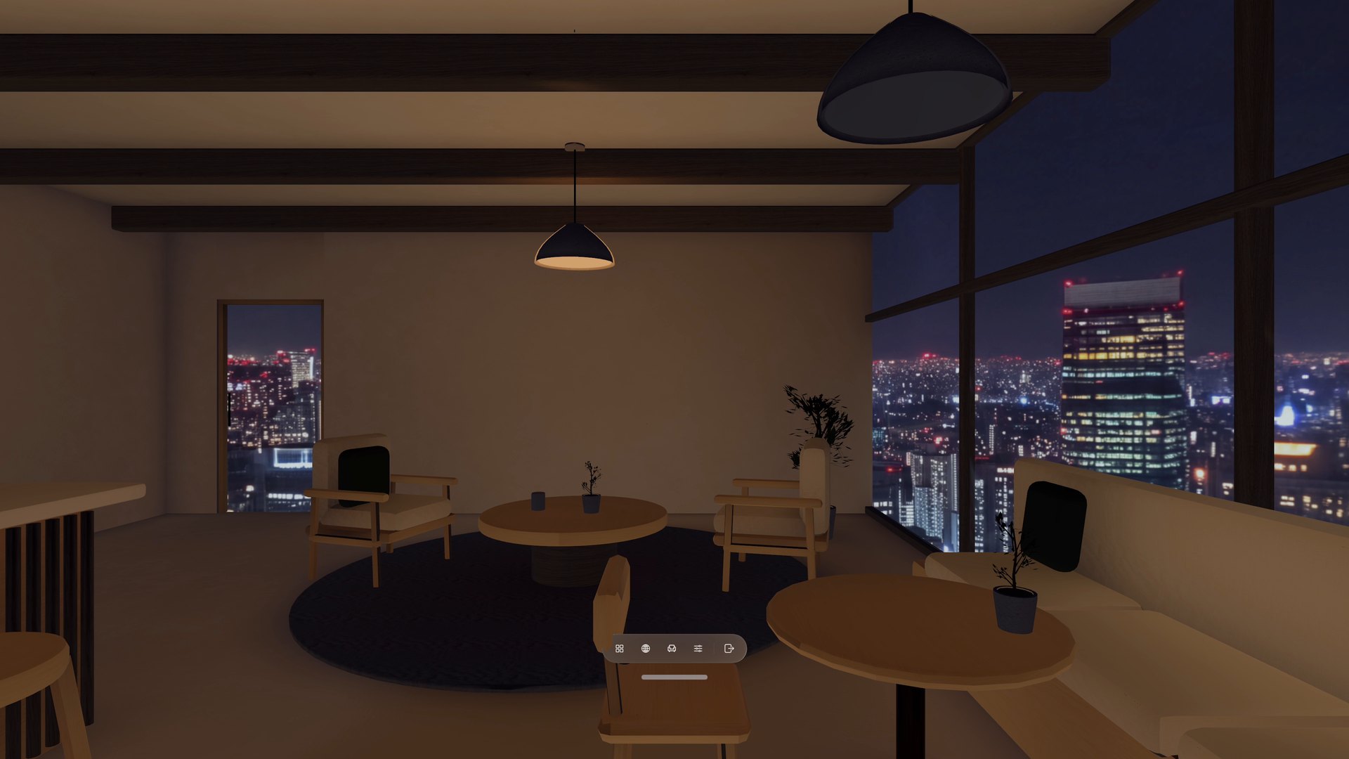 Olive and Oak Café at night with Tokyo outside the windows and one pendant lamp lit over the lounge