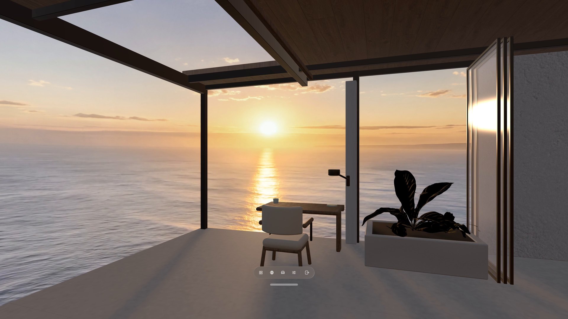 Wintergarten bei Sonnenuntergang über dem Meer, mit einem Schreibtisch und Stuhl im Inneren