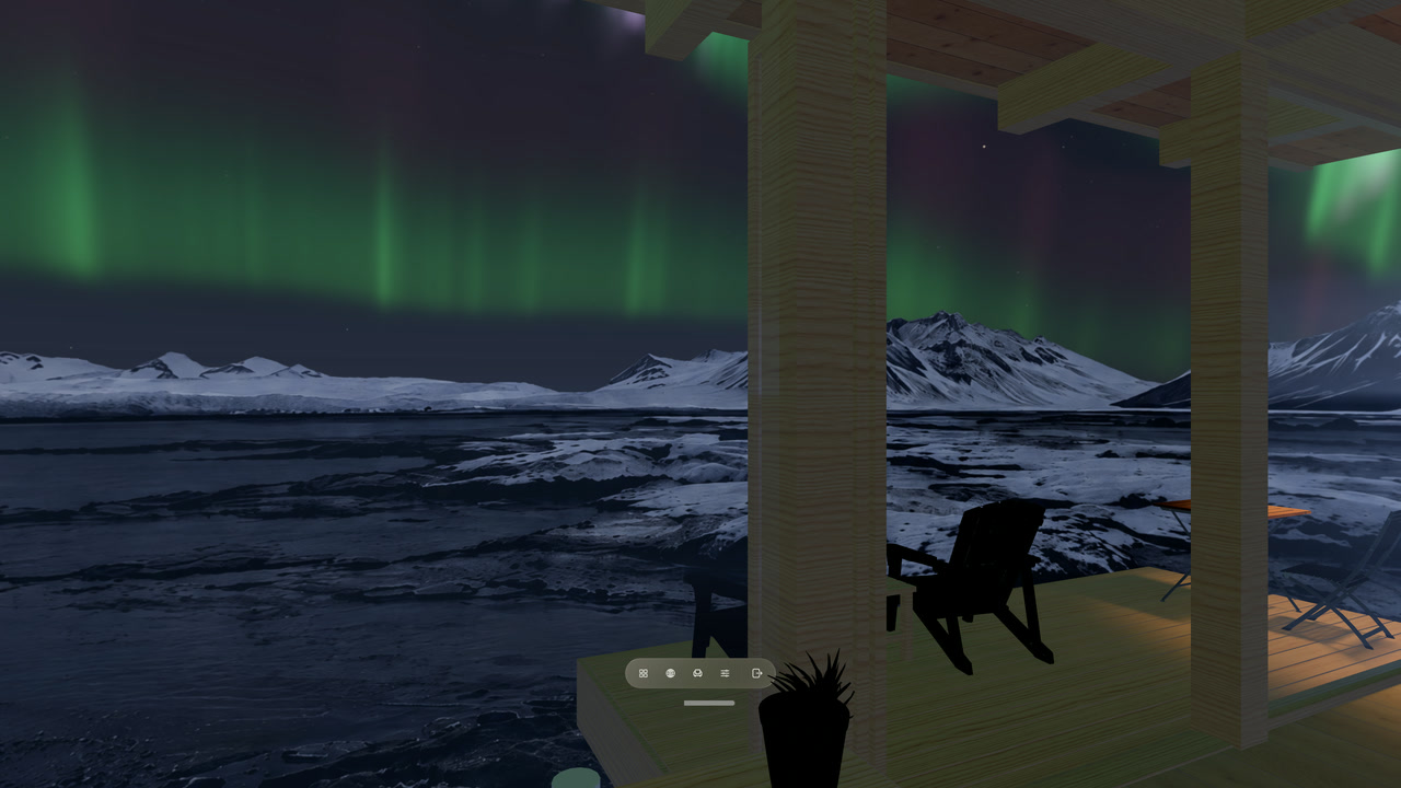 Green aurora over an icy shore beyond a warm timber Room
