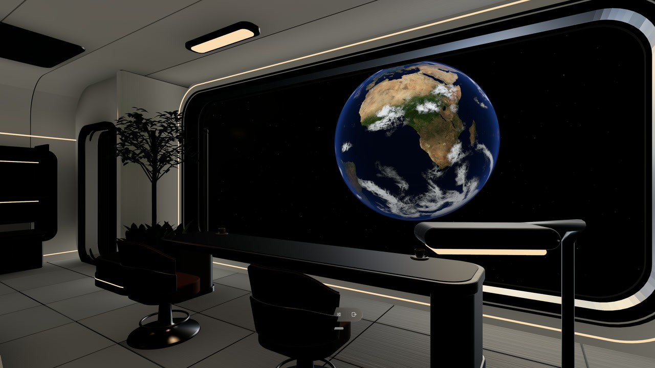 The illuminated face of Earth seen from Orbital Lounge with the Room lights on