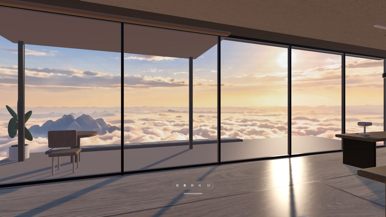 A sunlit sea of clouds outside a glass-walled Room