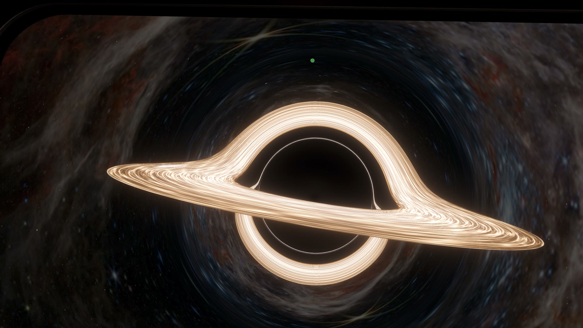 A black hole and its glowing disc outside a window in Locus, recorded on Apple Vision Pro