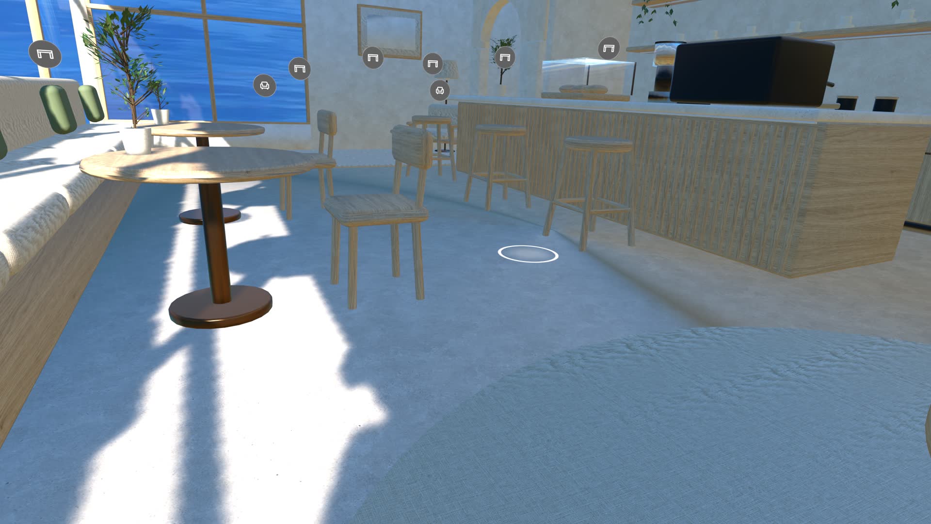 Ein Café-Raum in Locus mit einem sanften Ring am Boden, wo der Besucher hinschaut, bereit, sich dorthin zu bewegen