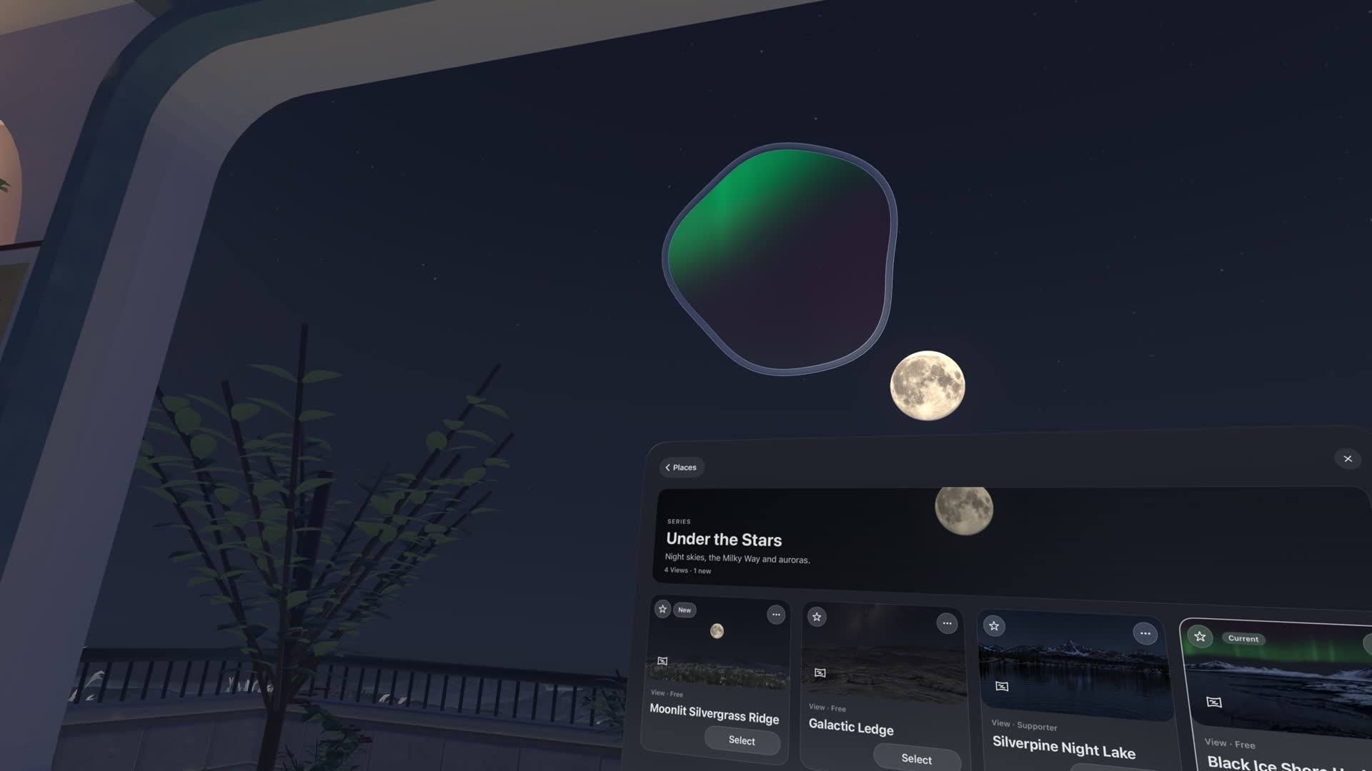 Eine Polarlicht-Ansicht öffnet sich wie eine Blase am Nachthimmel über dem Balkon eines Raums, neben dem Mond