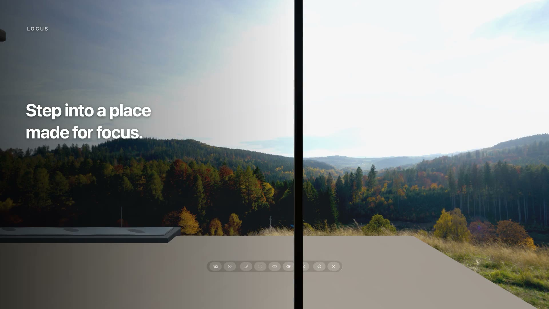 A virtual desk and browser window inside Horizon Atelier with autumn hills outside