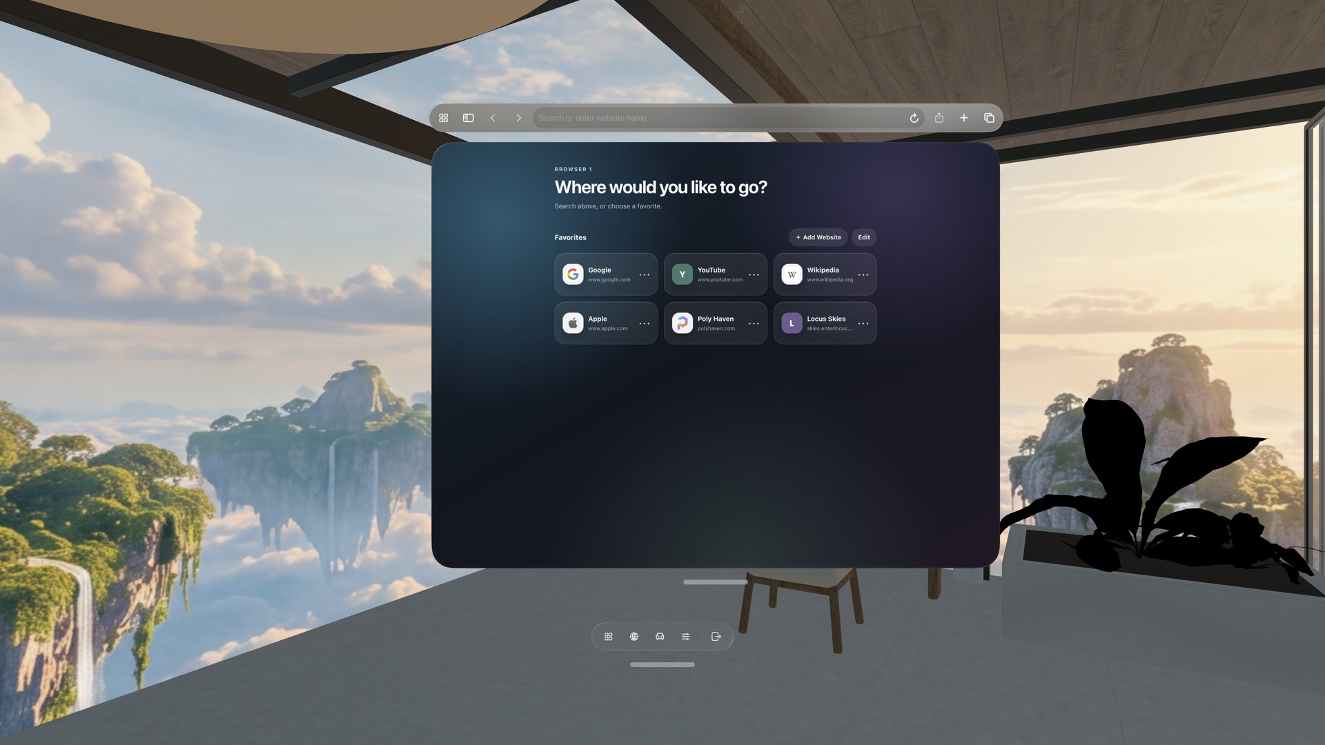 Die Locus-Browser-Startseite über einem Schreibtisch im Wintergarten mit Blick auf schwebende Inseln und Wasserfälle