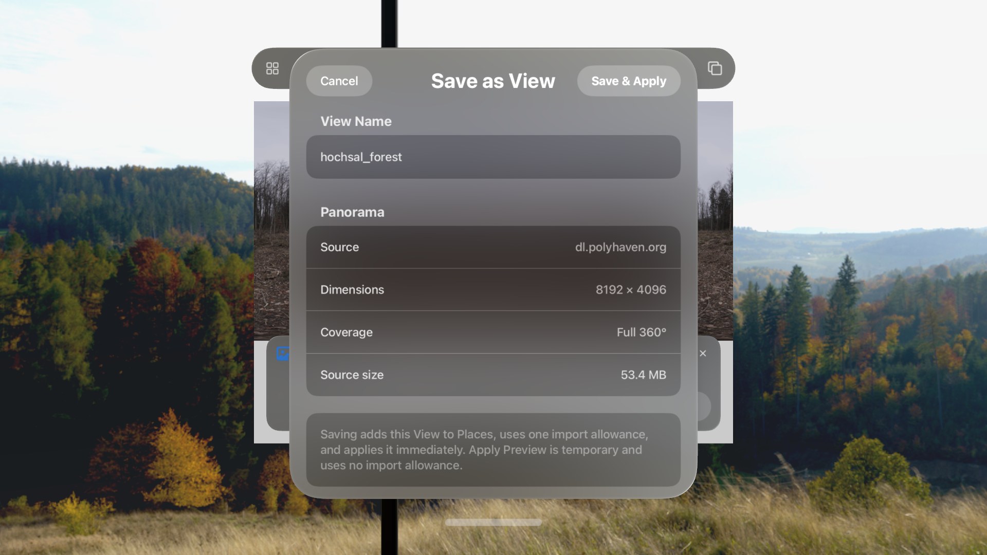 Das Blatt „Als Ansicht speichern“ über einem Poly-Haven-Panorama im Locus-Browser mit „Speichern“ und „Anwenden“