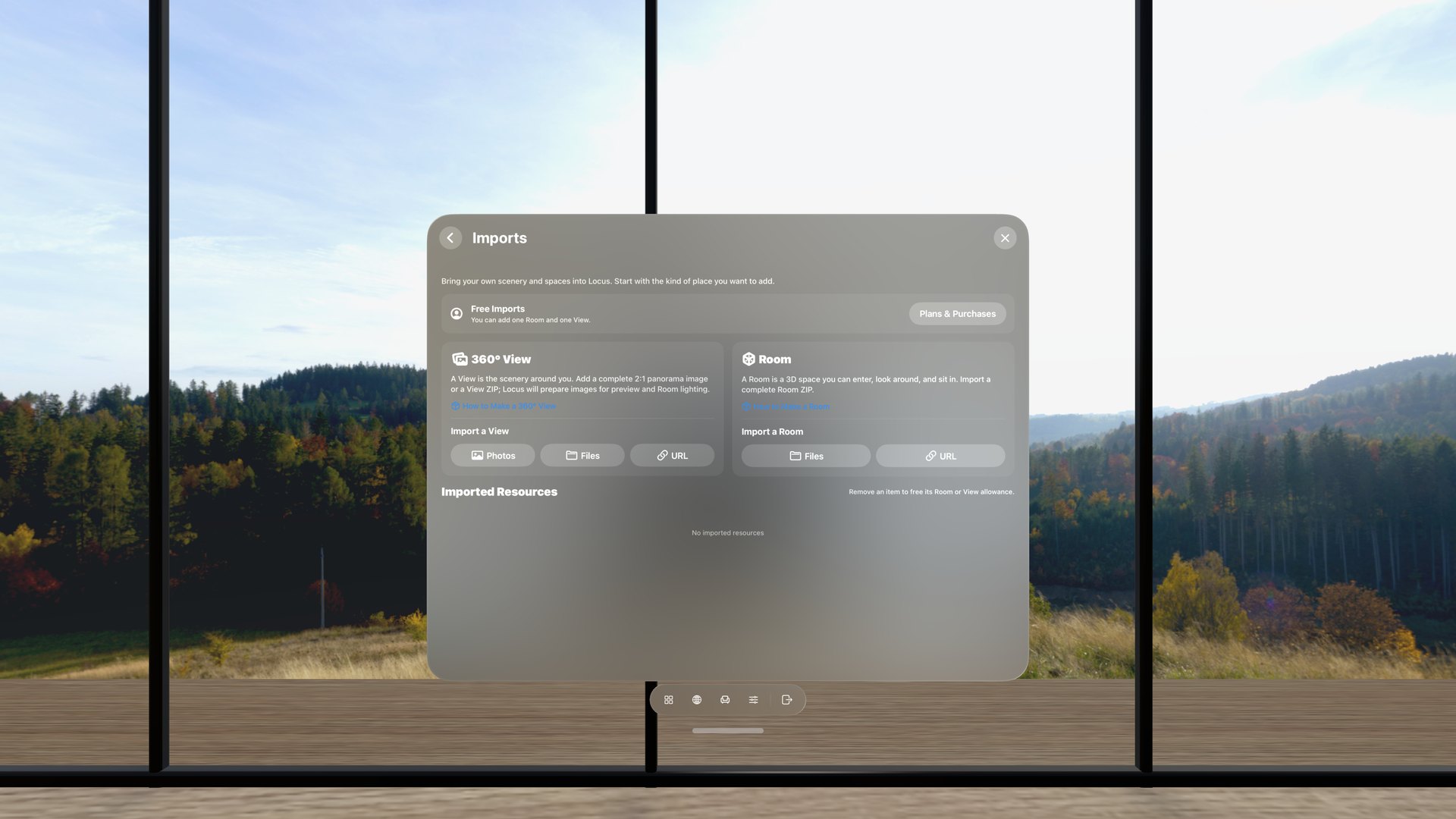 Die von „Orte“ geöffnete Importseite mit Optionen, eine 360-Grad-Ansicht oder einen Raum aus Fotos, Dateien oder einer URL hinzuzufügen