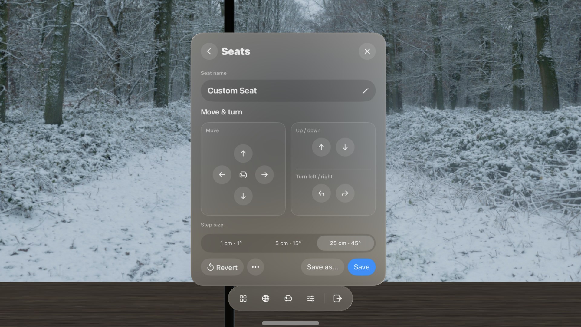 El panel Asientos editando un nuevo asiento llamado Asiento personalizado, con flechas de mover y girar, arriba y abajo, girar a la izquierda y a la derecha, tamaños de pasos, revertir, Guardar como y Guardar