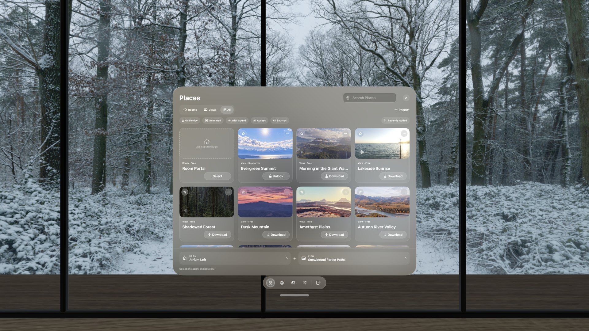 Das Locus Places-Fenster im Atrium Loft mit Snowbound Forest-Wegen, das Zimmer, Ausblicke und alle Registerkarten, Filter und Karten mit Auswahls- und Herunterladetasten zeigt.