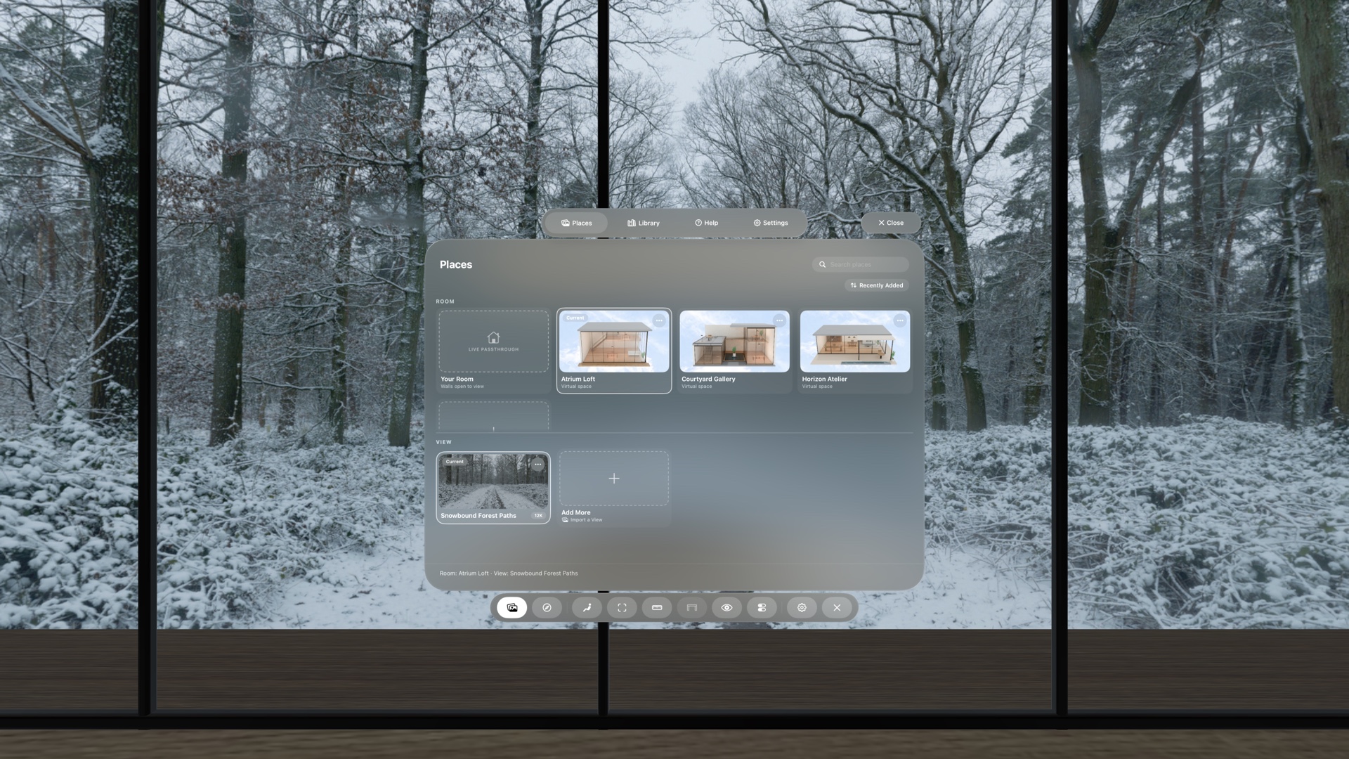 The current Locus Places window with Atrium Loft and Snowbound Forest Paths selected