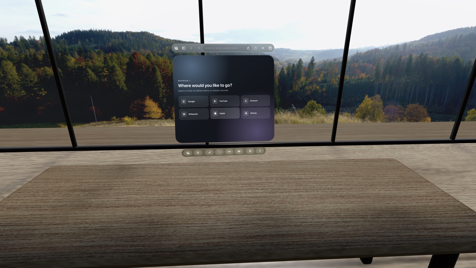 A Locus Browser window floating above a desk in a glass-walled Room, with autumn hills outside