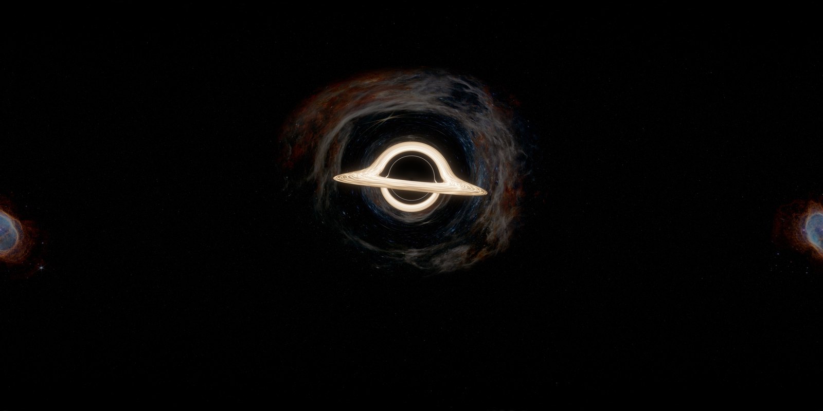 The baked two-to-one panorama: the black hole and its golden disc at the centre, with the nebula behind it stretched into arcs around the shadow