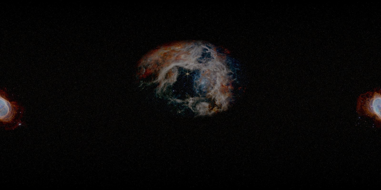 A flat two-to-one starry sky, mostly black, with the Tarantula Nebula faint at the centre and the Southern Ring Nebula split across the left and right edges