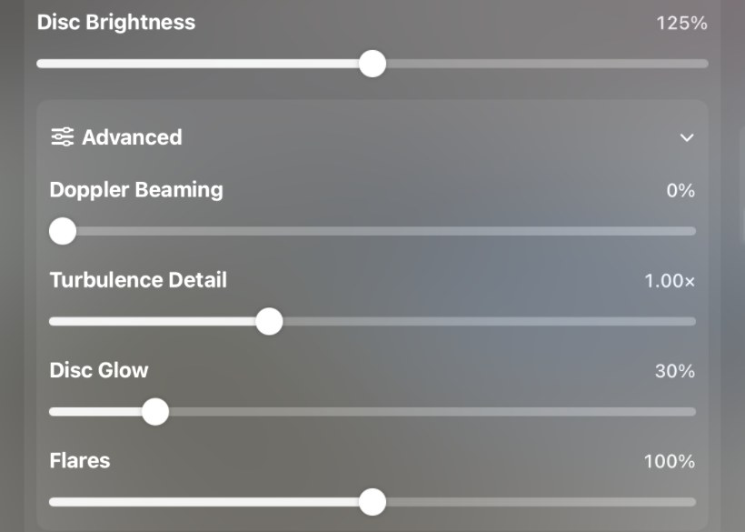 The Advanced group expanded below Disc Brightness, with Doppler Beaming, Turbulence Detail, Disc Glow and Flares sliders