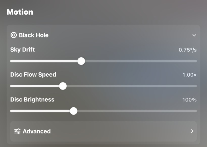 The Motion section of Edit View in Locus: the Black Hole group with Sky Drift, Disc Flow Speed and Disc Brightness sliders and a collapsed Advanced row