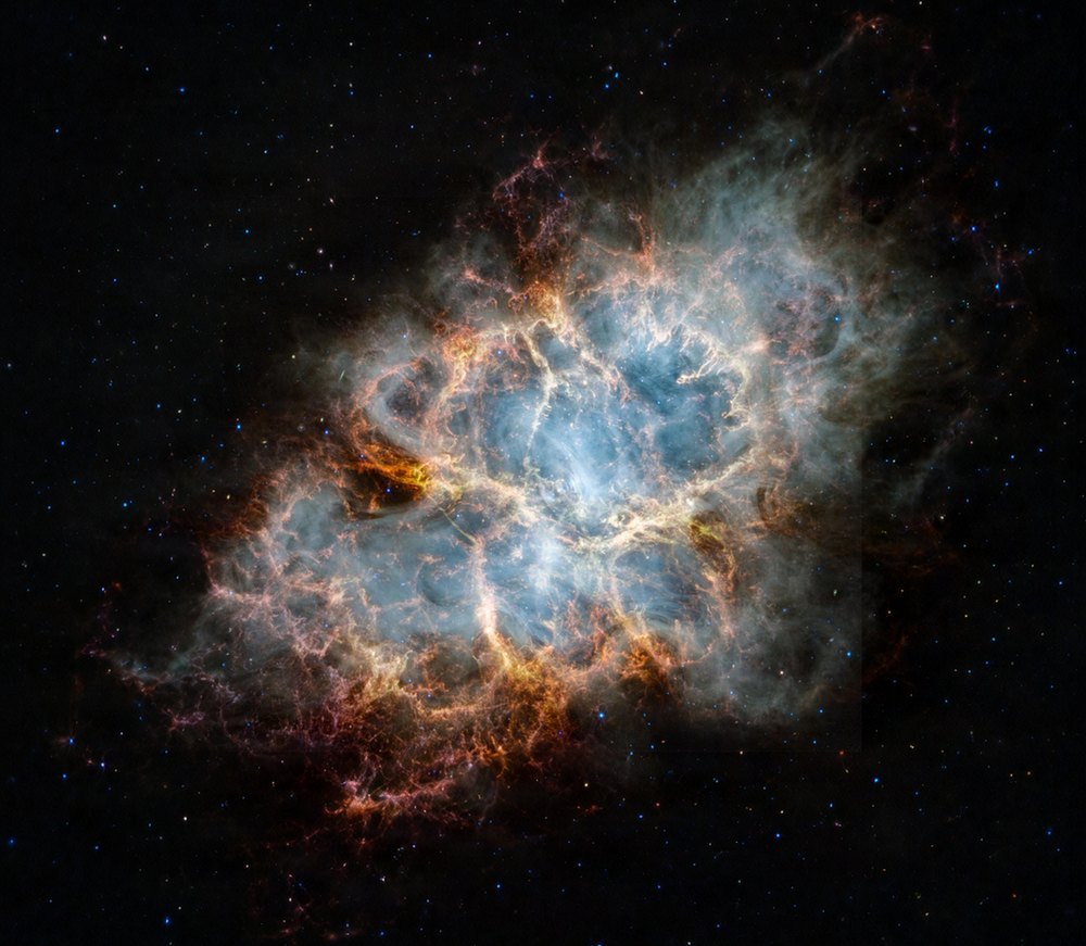 The same Crab Nebula photo, smaller, in the middle of a larger canvas, with generated wisps fading into black space around it