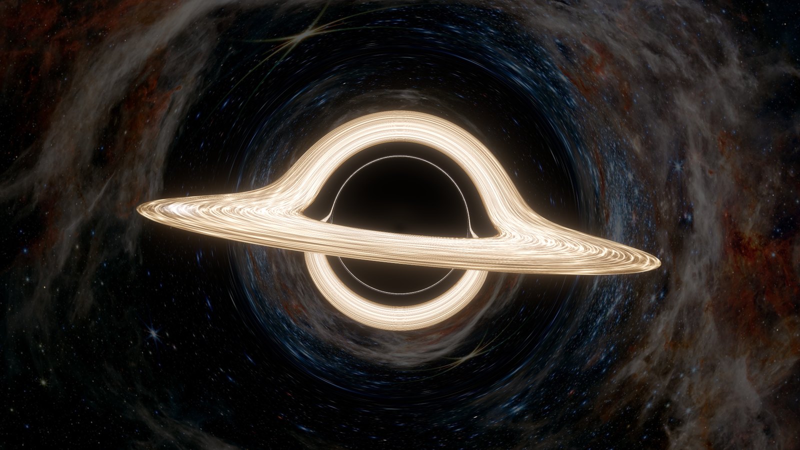 A preview still of the baked black hole: a golden disc seen nearly edge-on, its far side arched over a black shadow and a thin bright ring, with nebula wisps behind