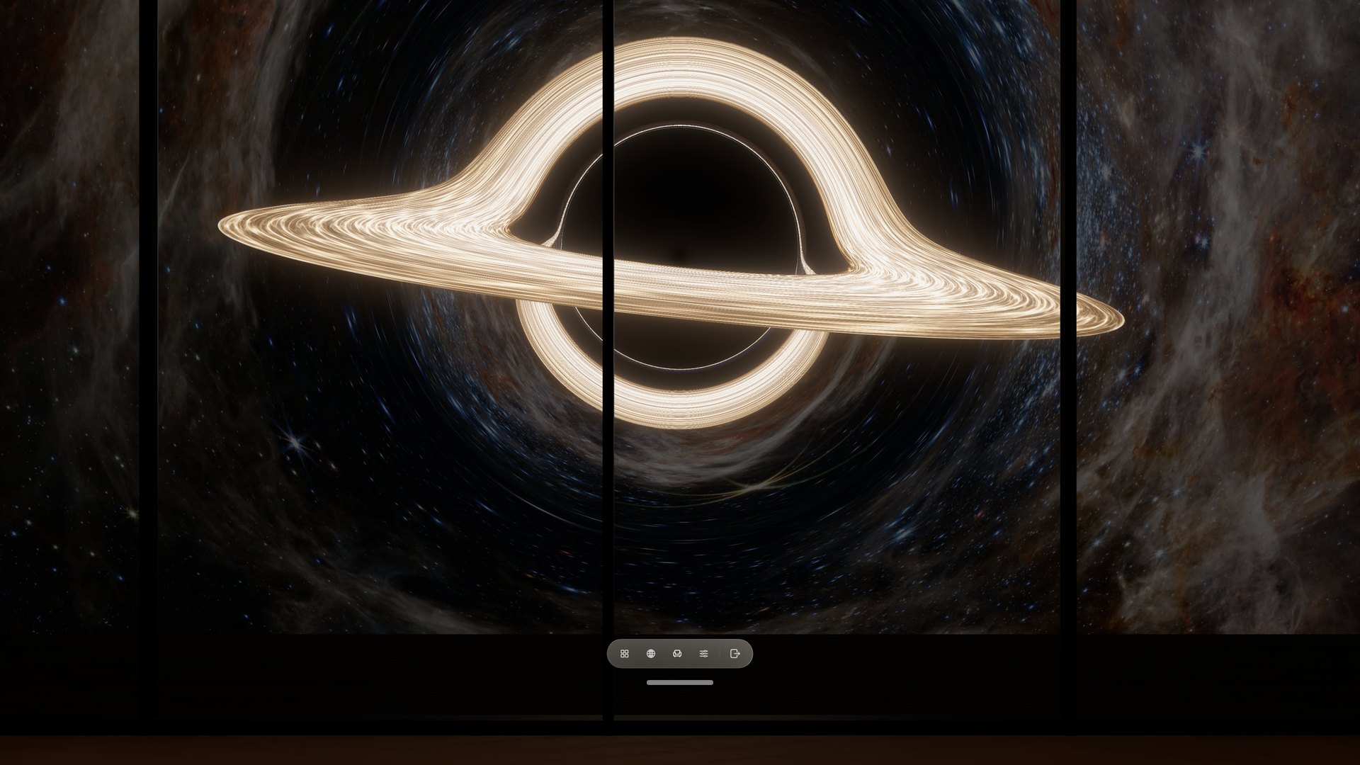 A black hole with a glowing golden accretion disc and a bright ring of lensed light, seen through tall windows of a Room in Locus