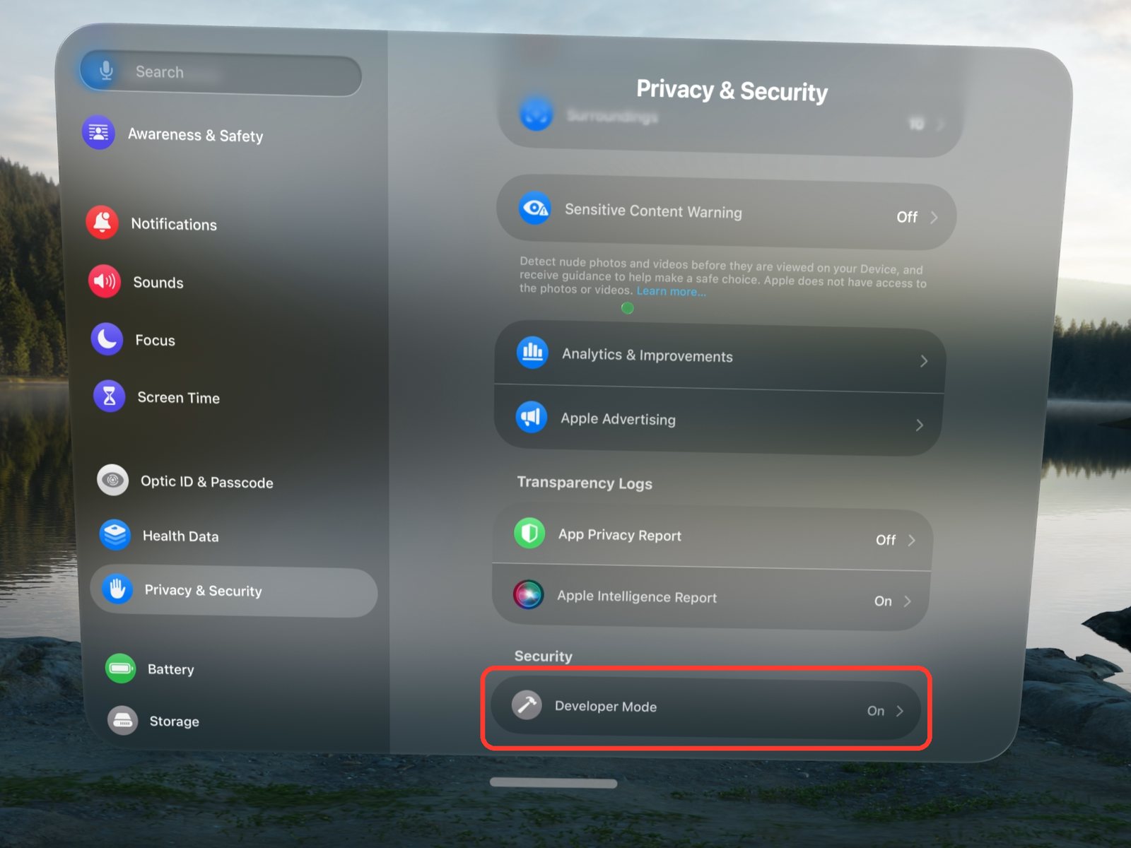 Privacy and Security in Apple Vision Pro Settings, with Developer Mode under Security