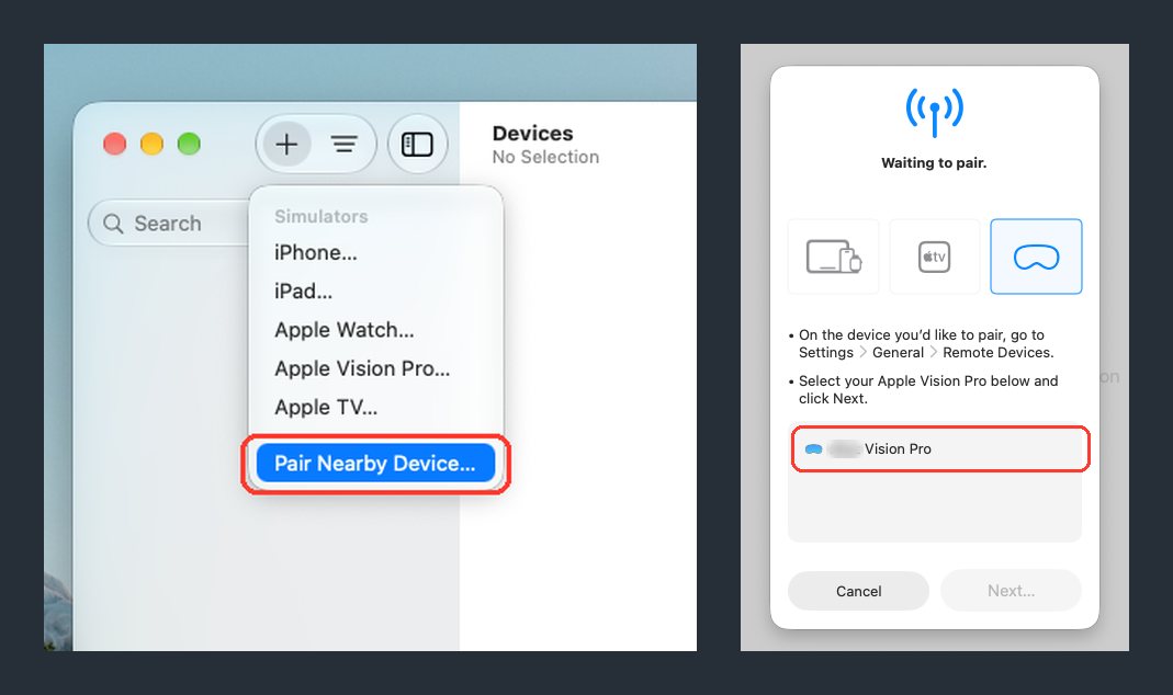 Xcode Device Hub on a Mac: the Add Device menu with Pair Nearby Device highlighted, and the pairing sheet listing an Apple Vision Pro