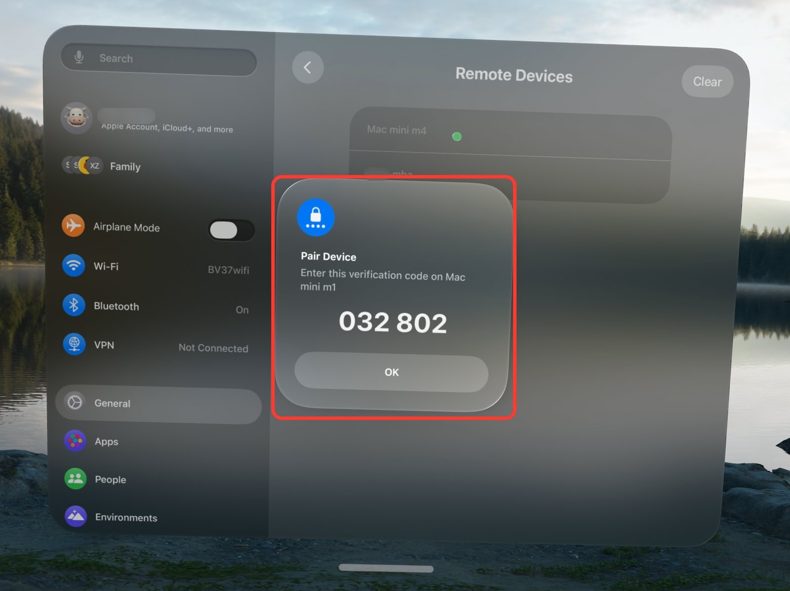 A Pair Device message on Apple Vision Pro showing a six-digit verification code
