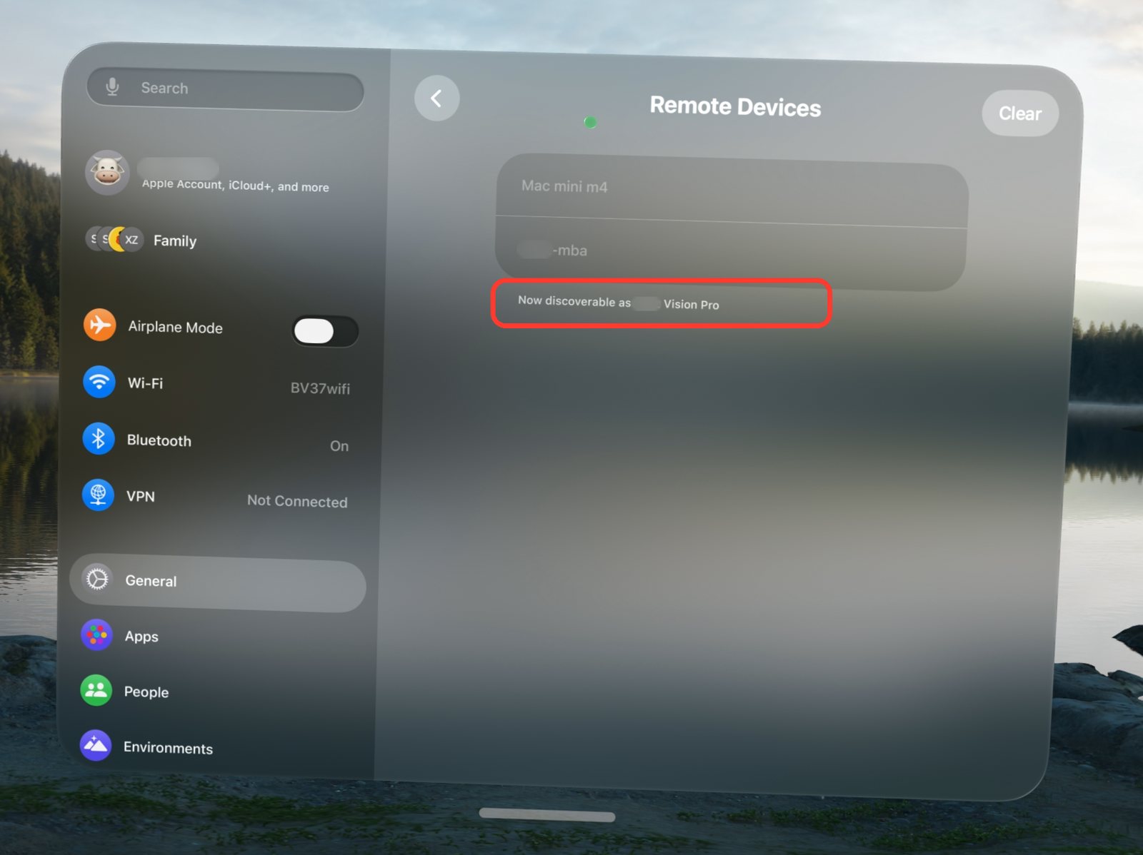 Remote Devices in Apple Vision Pro Settings, with a note that the headset is now discoverable